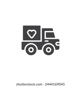 Camión de reparto con el icono del Vector de la donación. signo plano lleno para concepto móvil y Diseño web. Icono de glifo de Charity Drive. Símbolo, ilustración del logotipo. Vector gráfico