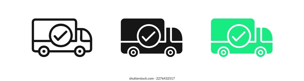 Delivery truck done icon. Order completed symbol. Fast courier signs. Deliver service symbols. Check mark parcel icons. Black and green color. Vector isolated sign.