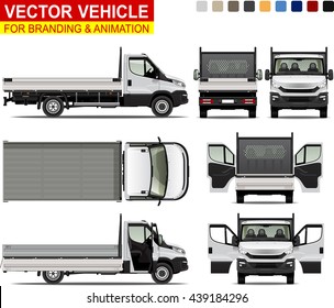 Delivery truck.  Doors can be opened, colors can be changed, the elements are in the separate layers. I'd recommend to rasterize each vector layer before exporting the file to PSD format.