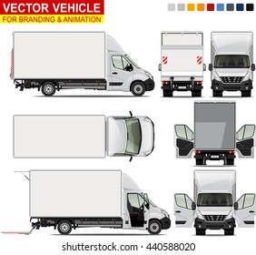 Delivery truck. Doors can be opened, colors can be changed, the elements are in the separate layers. I'd recommend to rasterize each vector layer before exporting the file to PSD format.