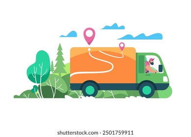 Entrega camión de conducción. Ilustración vectorial del conductor del camión que navega a través del paisaje, pernos del GPS que indican la ruta.