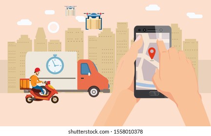 Delivery truck dron scooter service. Hand hold smartphone application for parcel shipment tracking map. 24 7 delivery transport. Vector illustration logistics poster for advertising design template