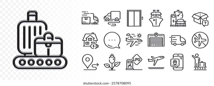 Delivery truck, Eco power and Delivery route line icons for web app. Glare of light effect. Message icon. Pack of Pin marker, Secret package, Baggage belt pictogram icons. Vector