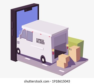 A delivery truck emerges from the smartphone. Business illustration fast delivery