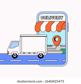 Delivery truck emerging from a phone with a location pin and map, representing online delivery service in cartoon style vector hand drawn illustration