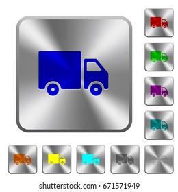 Delivery truck engraved icons on rounded square glossy steel buttons