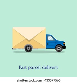 Delivery truck with an envelope cargo. Post, parcel delivery, mailing. Vector flat design style. 