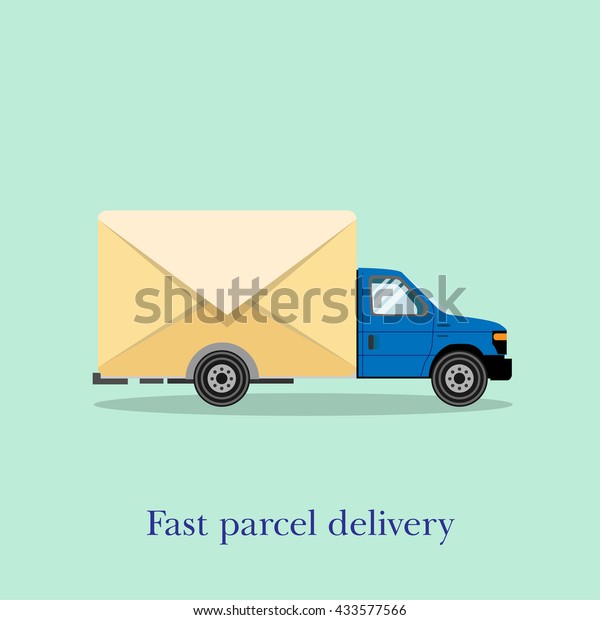Delivery truck with an\
envelope cargo. Post, parcel delivery, mailing. Vector flat design\
style. 