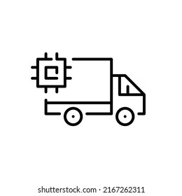  Lieferwagen mit CPU-Chip. Pixel perfektes, bearbeitbares Strichzeilensymbol