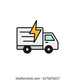 delivery truck flash lightning icon. fast shipment illustration. simple outline vector symbol design.