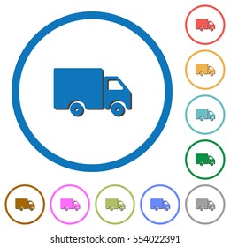 Delivery truck flat color vector icons with shadows in round outlines on white background