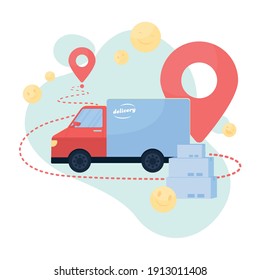 Delivery truck flat concept vector illustration. Big lorry with lots of mail packages 2D cartoon object for web design. Mail facility working during coronavirus quarantine creative idea