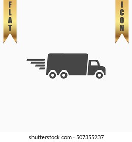 Delivery truck. Flat Icon. Vector illustration grey symbol on white background with gold ribbon