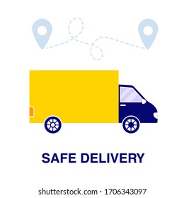 Delivery truck in flat style, vector. Concept if delivery service, courier service, goods shipping, food online ordering in flat vector. Free delivery, online buy, ecommerce shop logistic.