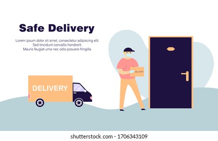 coche de entrega en estilo plano, vector. Concepto si servicio de entrega, servicio de mensajería, envío de mercancías, pedido de alimentos en línea en vector plano. Entrega gratuita, compra en línea, comercio electrónico logística.