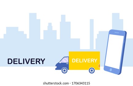 Delivery truck in flat style, vector. Concept if delivery service, courier service, goods shipping, food online ordering in flat vector. Free delivery, online buy, ecommerce shop logistic.
