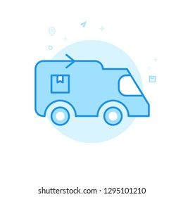 Delivery Truck Flat Vector Icon. Fast Delivery Symbol, Pictogram, Sign. Light Flat Style. Blue Monochrome Design. Editable Stroke. Adjust Line Weight. Design with Pixel Perfection.