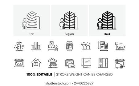 Lieferwagen, Lebensmittelmarkt und Sessel Linie Icons. Pack von Schloss, Garage, Quadratmeter-Symbol. Leuchtturm, Marktplatz, Piktogramm der offenen Tür. Neues Haus, Agent, Markt. Möbel. Liniensymbole. Vektor