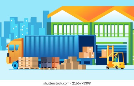 Delivery truck with forklift loading box into the truck container, Modern logistics illustration of goods warehouse. monochrome color