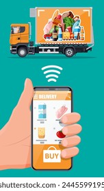 Delivery truck full of food and smartphone. Concept of fast grocery delivery service. Supermarket cafe restaurant. Groceries products, bread, meat milk fruit vegetable drinks. Flat vector illustration