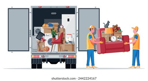 Delivery truck full of home stuff inside. Moving to new house. Family relocated to new home. Boxes with goods. Package transportation. Computer, lamp, clothes, books. Flat vector illustration