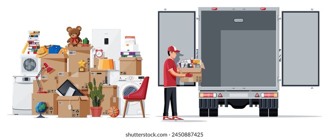 Camión de reparto lleno de cosas de casa en el interior. Mudarse a una casa nueva. La familia se mudó a su nuevo hogar. Cajas con mercancías. Transporte de paquetes. Computadora, lámpara, ropa, libros. Ilustración vectorial plana