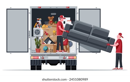 Lieferwagen voll mit Heimmaterial drinnen. Umzug in neues Haus. Die Familie zog in ein neues Zuhause. Schachteln mit Waren. Pakettransport. Computer, Lampe, Kleidung, Bücher. flache Vektorillustration