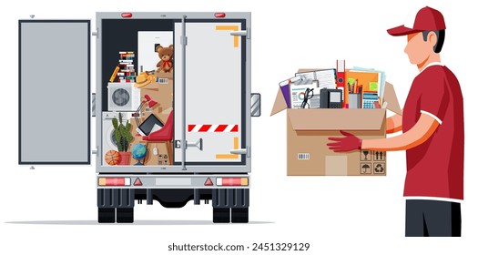 Camión de reparto lleno de cosas de casa en el interior. Mudarse a una casa nueva. La familia se mudó a su nuevo hogar. Cajas con mercancías. Transporte de paquetes. Computadora, lámpara, ropa, libros. Ilustración vectorial plana