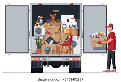 Delivery truck full of home stuff inside. Moving to new house. Family relocated to new home. Boxes with goods. Package transportation. Computer, lamp, clothes, books. Flat vector illustration