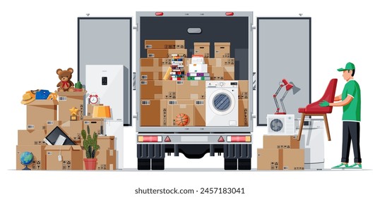 Camión de reparto lleno de cosas de casa en el interior. Mudarse a una casa nueva. La familia se mudó a su nuevo hogar. Cajas con mercancías. Transporte de paquetes. Computadora, lámpara, ropa, libros. Ilustración vectorial plana