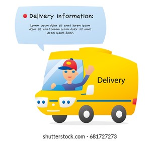 Delivery truck with funny driver and speech bubble banner