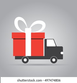 Delivery truck with gift box. Flat vector illustration with copy space