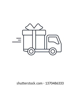 Delivery truck with gift box. Free Delivery concept, stroke flat style illustration isolated on white background.