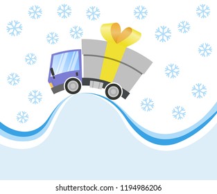 Delivery truck with gift box merrry christmas and winter landscape