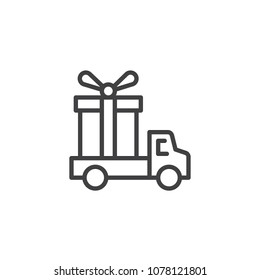 Delivery Truck With Gift Box Outline Icon. Linear Style Sign For Mobile Concept And Web Design. Fast Delivery Simple Line Vector Icon. Symbol, Logo Illustration. Pixel Perfect Vector Graphics