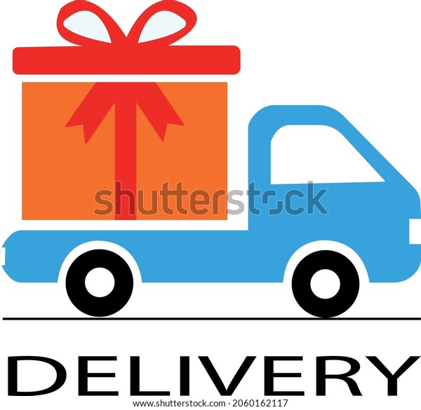 delivery\
truck with gift box. stroke flat style trend logotype graphic art\
design illustration isolated on white background. concept of supply\
of product from supermarket warehouse or\
store