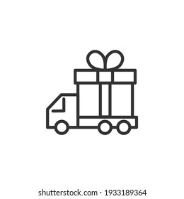 Delivery Truck With Gift Box Thin Line Vector Icon. Editable Stroke.