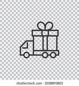 Delivery truck with gift box thin line vector icon isolated on transparent background. Editable stroke.