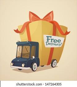 Delivery truck with gift. Shipping concept.