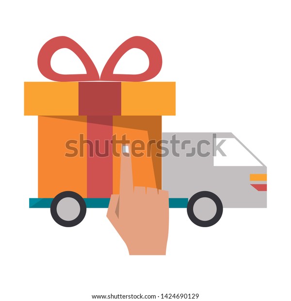 Delivery truck with gift wrapped in a box\
with ribbon vector illustration graphic\
design