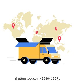 Delivery Truck With Global Tracking in Flat Vector Illustration Symbolizing International Shipping, Logistics, and E Commerce, Isolated on White Background