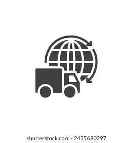 Camión de reparto con globo y flechas icono de Vector. llenado de signo plano para concepto móvil y Diseño web. Icono de glifo logístico mundial. Símbolo de Transporte global, ilustración de logotipo. Vector gráfico