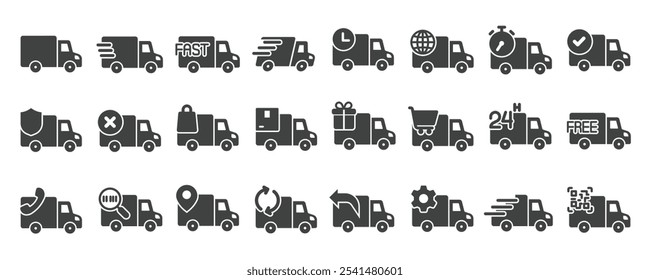 Delivery truck glyph solid icons collection. Containing cargo, fast delivery, service, transport. Minimal icon and symbol series vector illustration