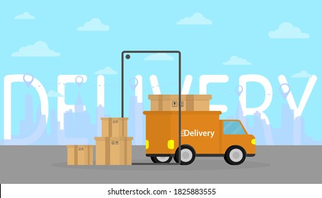 Delivery Truck goods with city scape background with delivery text behind. Shopping online. Business concept. Transportations concept. 