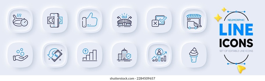 Delivery truck, Graph chart and Ice cream line icons for web app. Pack of Career ladder, Frying pan, Apartment insurance pictogram icons. Donation money, Cashback, Checkbox signs. Vector