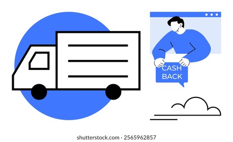 Delivery truck graphic beside a person receiving cashback. Ideal for logistics, e-commerce, deliveries, online shopping, and customer rewards themes. Simple flat vector style with blue, white, black