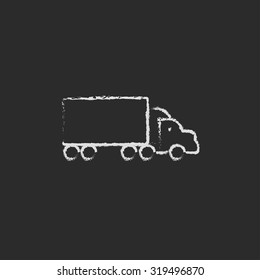 Delivery truck hand drawn in chalk on a blackboard vector white icon isolated on a black background.
