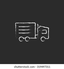 Delivery truck hand drawn in chalk on a blackboard vector white icon isolated on a black background.