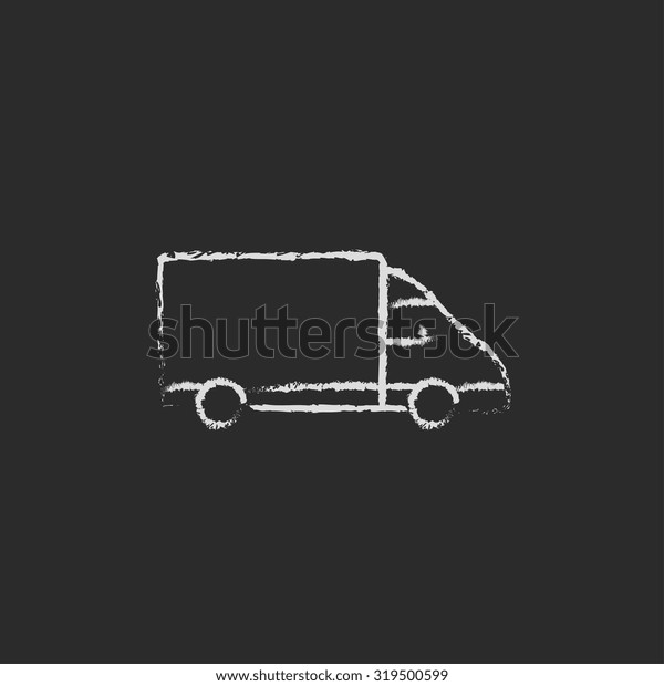 Delivery truck hand drawn\
in chalk on a blackboard vector white icon isolated on a black\
background.