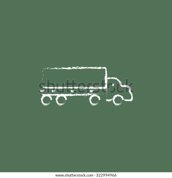 Delivery truck hand drawn\
in chalk on a blackboard vector white icon isolated on a green\
background.